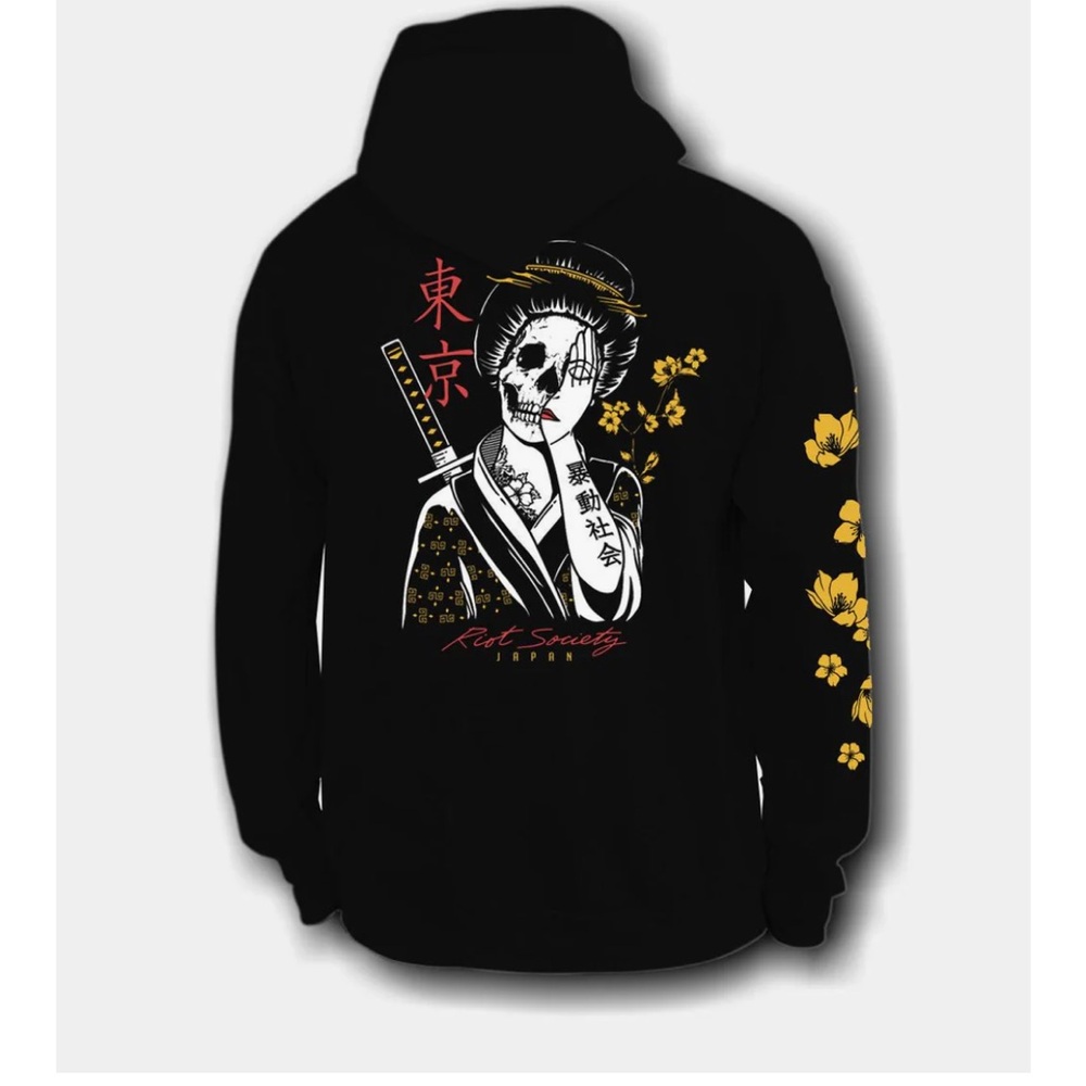 Riot Society Japan Skull Geisha Graphic Hoodie - Black, Yellow, White, Red - Picture 5 of 5